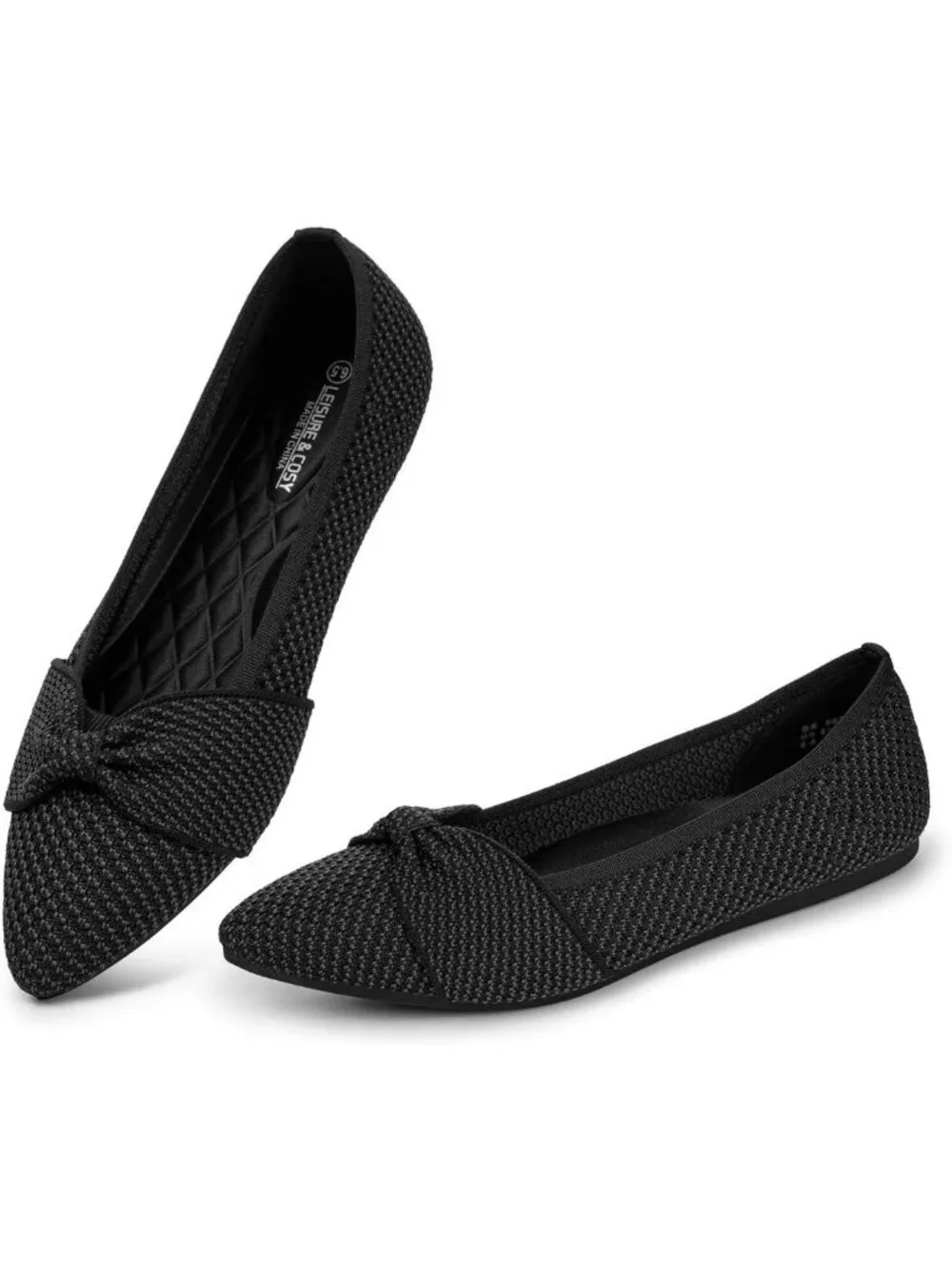 Chic Women's Pointed Toe Knit Ballet Flats with Bow - Stylish & Comfortable